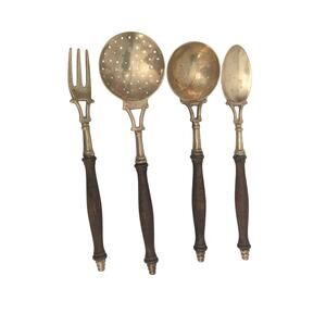 French Utensil Set Antique Brass Wood 4 piece set Slotted Spoon Country